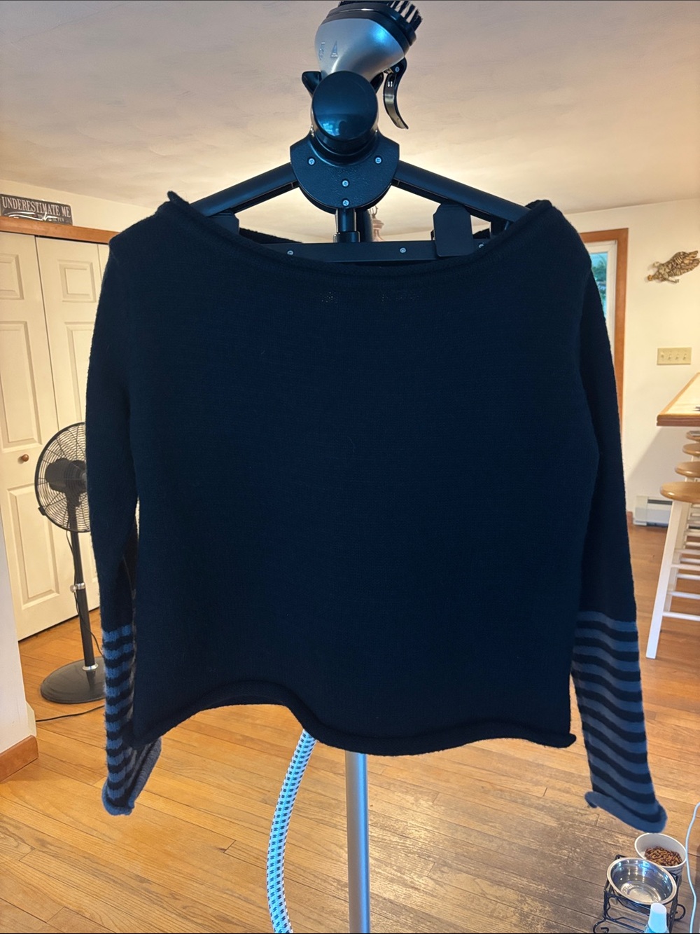 Black Women's Boatneck Sweater with Striped Sleeves